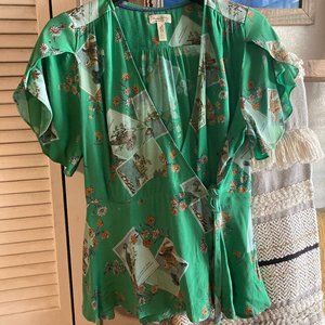 Anthropologie Green Wrap Tie Blouse